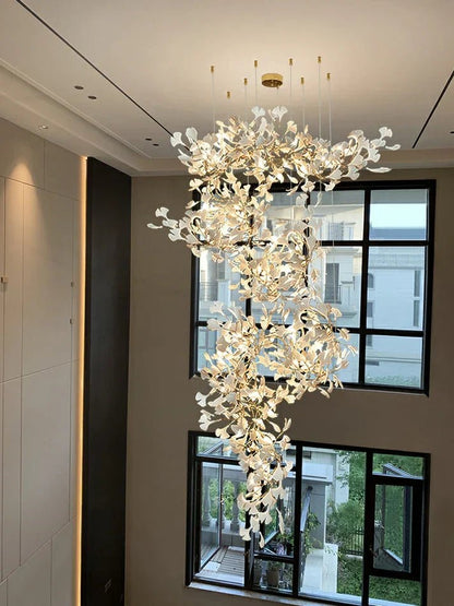 Artistic Tree Branch Pendant Light with Ceramic Ginkgo Leaves - Zelno Lighting