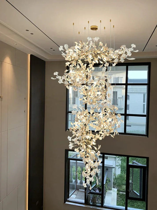 Artistic Tree Branch Pendant Light with Ceramic Ginkgo Leaves - Zelno Lighting
