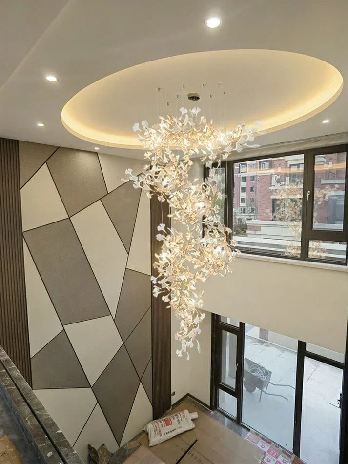 Artistic Tree Branch Pendant Light with Ceramic Ginkgo Leaves - Zelno Lighting