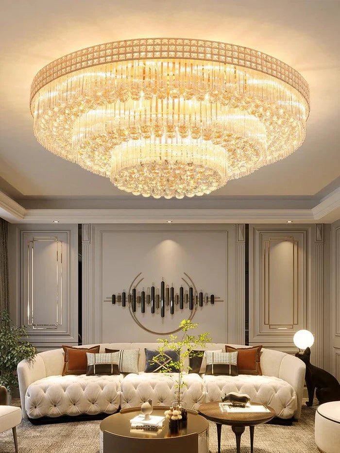 Extra Large Three Layers Round Luxury Flush Mounted Crystal Chandelier for Living Room - Zelno Lighting