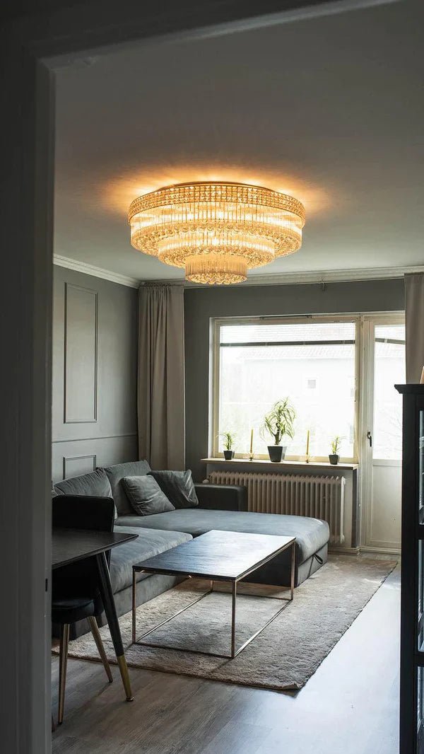 Extra Large Three Layers Round Luxury Flush Mounted Crystal Chandelier for Living Room - Zelno Lighting