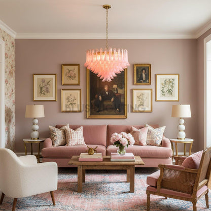 Gold & Pink Barcelona Murano Chandelier with 16 E14 Bulbs - Zelno Lighting