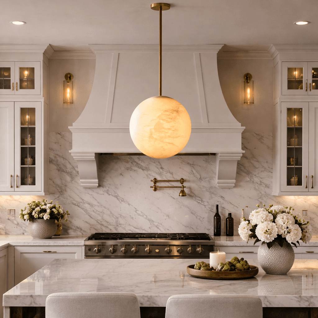 Hand - Carver Alabaster Globe Pendant - Zelno Lighting