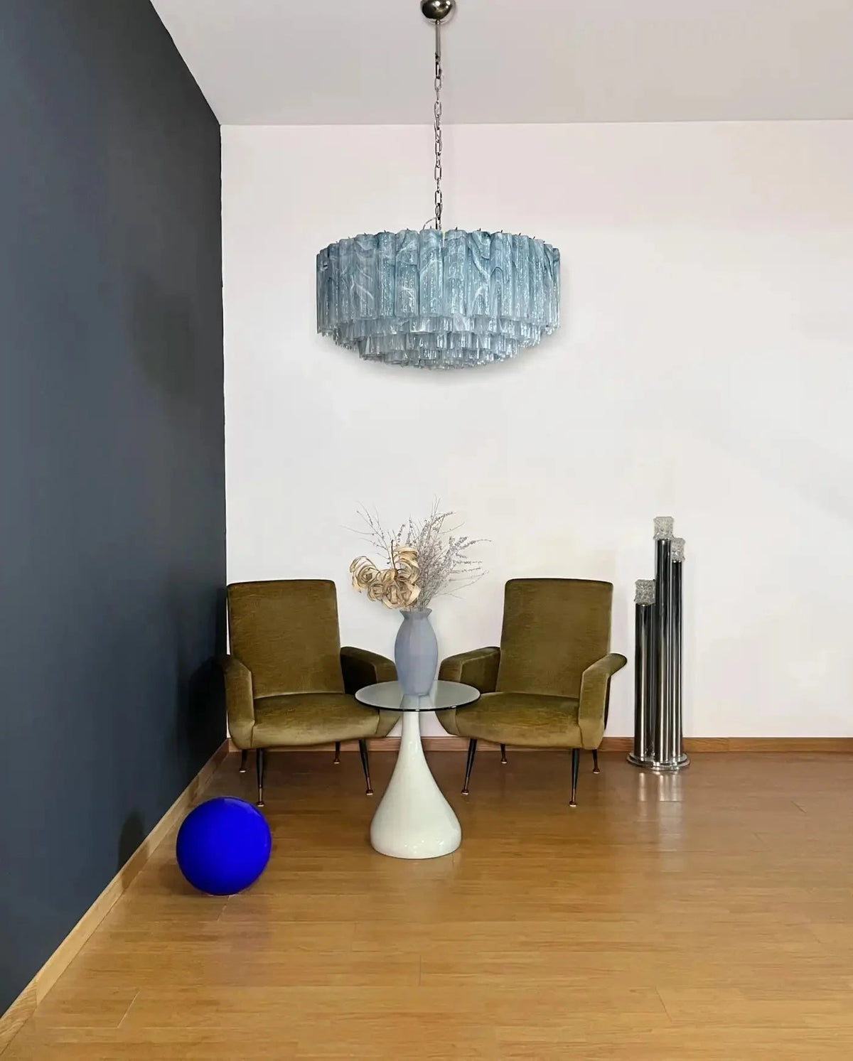 Large Murano glass Chandelier - 101 blue alabaster glass tube - Zelno Lighting