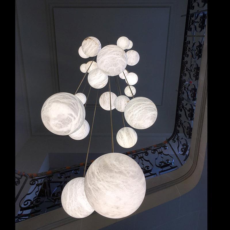 Nami Alabaster Sphere Staircase Chandelier Brass Multi Pendant Light - Zelno Lighting