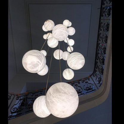 Nami Alabaster Sphere Staircase Chandelier Brass Multi Pendant Light - Zelno Lighting