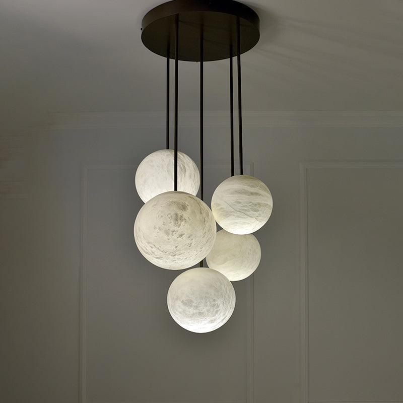 Nami Alabaster Sphere Staircase Chandelier Brass Multi Pendant Light - Zelno Lighting