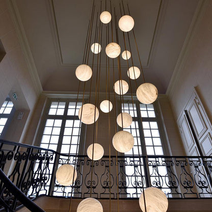 Nami Alabaster Sphere Staircase Chandelier Brass Multi Pendant Light - Zelno Lighting