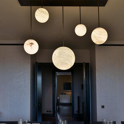 Nami Alabaster Sphere Staircase Chandelier Brass Multi Pendant Light - Zelno Lighting