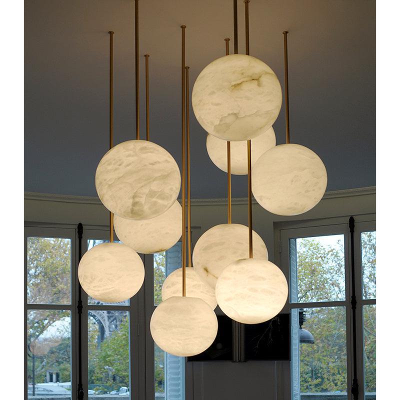 Nami Alabaster Sphere Staircase Chandelier Brass Multi Pendant Light - Zelno Lighting