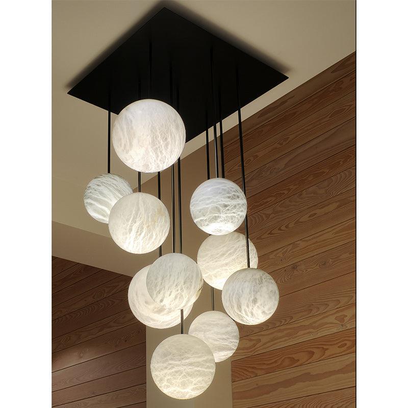 Nami Alabaster Sphere Staircase Chandelier Brass Multi Pendant Light - Zelno Lighting