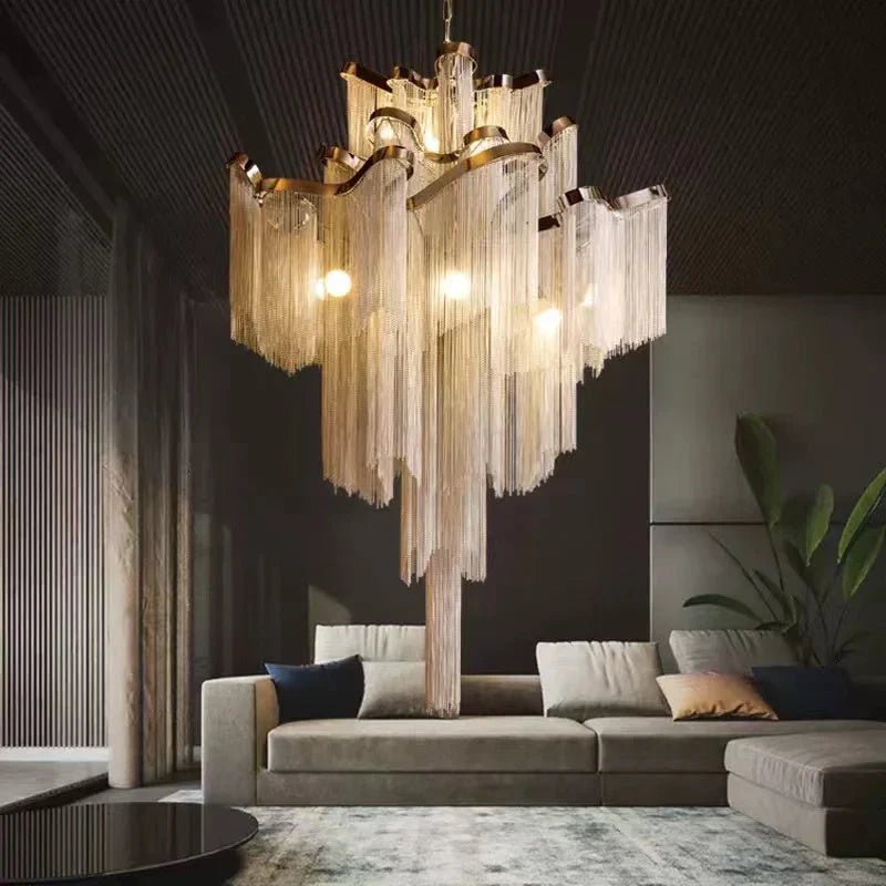 Post - Modern Extra Large Stainless Steel Long Tassel Chandelier for Large Living Room / Staircase / Villa / Duplexes - Zelno Lighting