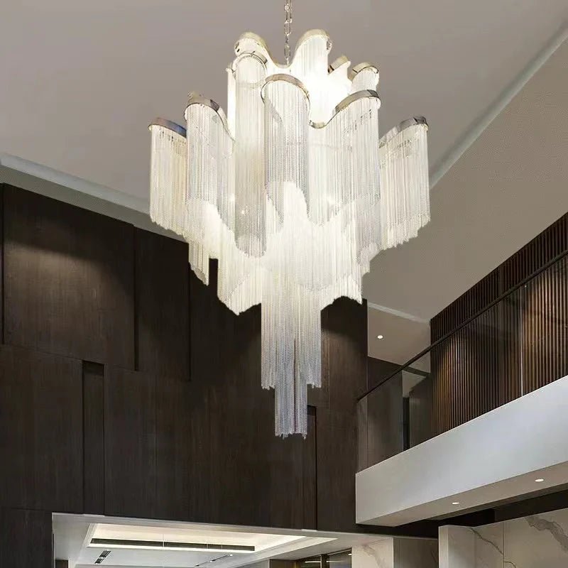 Post - Modern Extra Large Stainless Steel Long Tassel Chandelier for Large Living Room / Staircase / Villa / Duplexes - Zelno Lighting