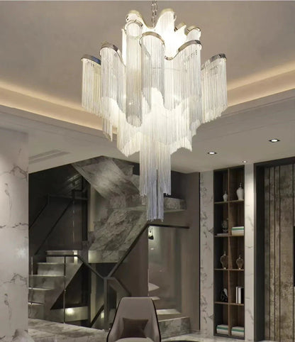 Post - Modern Extra Large Stainless Steel Long Tassel Chandelier for Large Living Room / Staircase / Villa / Duplexes - Zelno Lighting