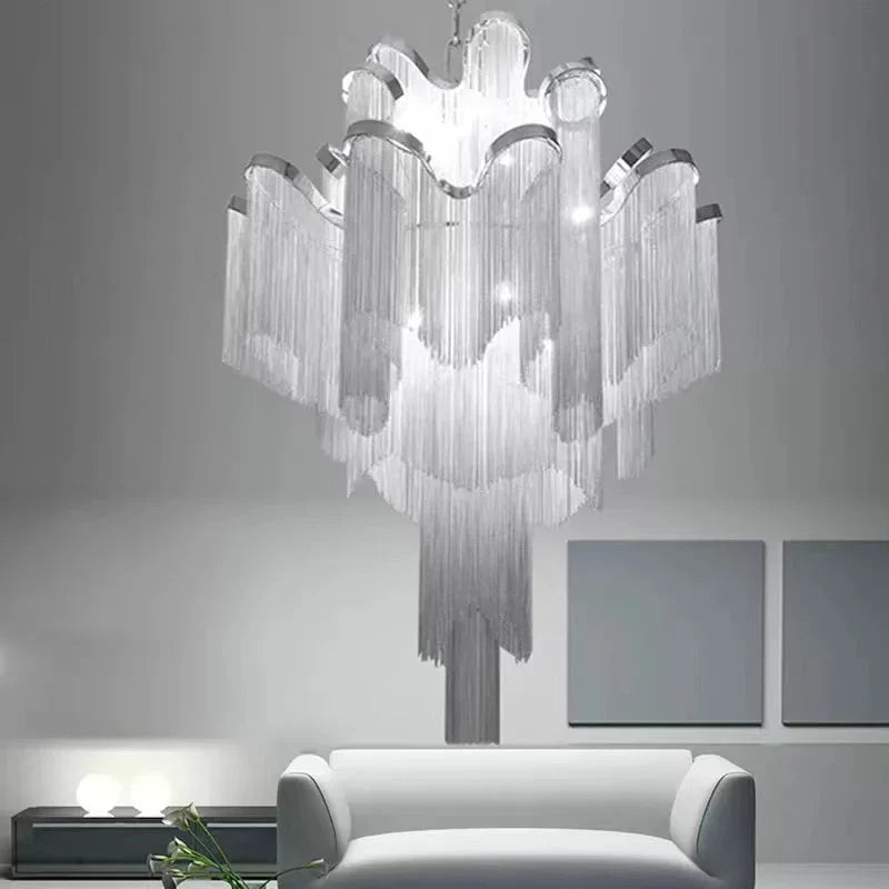 Post - Modern Extra Large Stainless Steel Long Tassel Chandelier for Large Living Room / Staircase / Villa / Duplexes - Zelno Lighting
