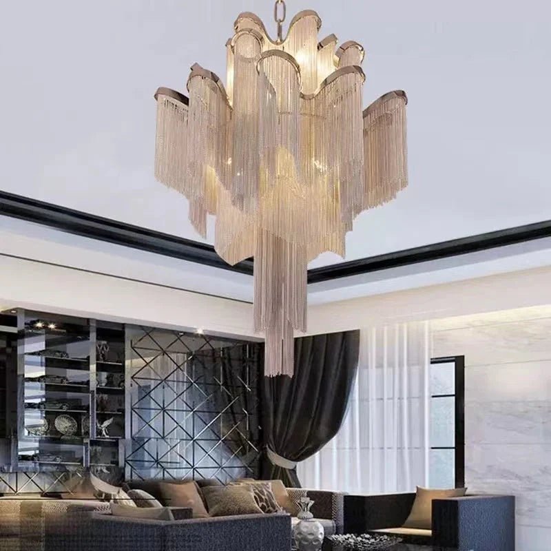 Post - Modern Extra Large Stainless Steel Long Tassel Chandelier for Large Living Room / Staircase / Villa / Duplexes - Zelno Lighting