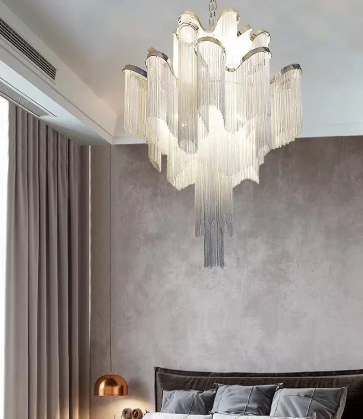 Post - Modern Extra Large Stainless Steel Long Tassel Chandelier for Large Living Room / Staircase / Villa / Duplexes - Zelno Lighting